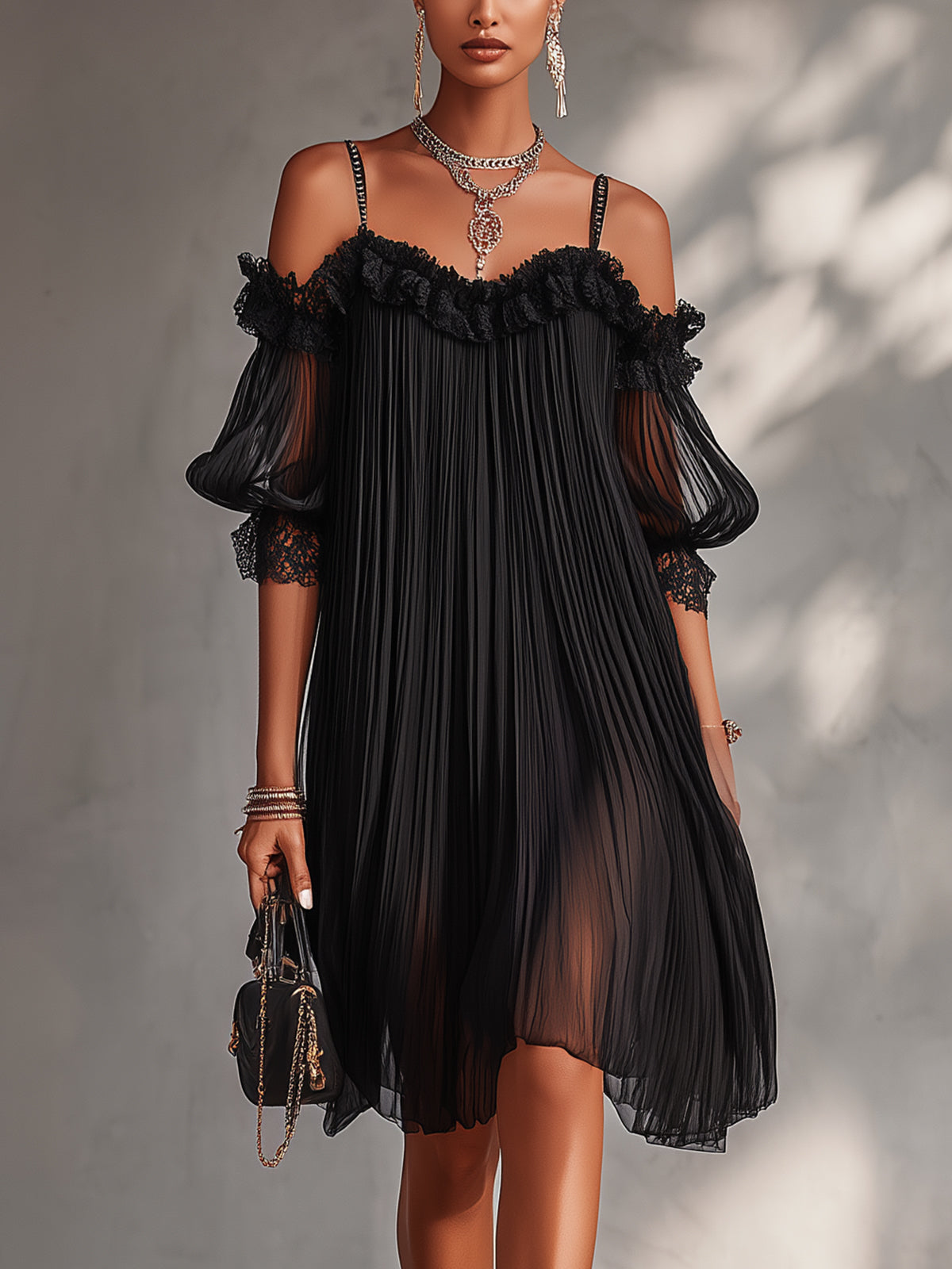 Vittoria | Black muslin mini dress with bare shoulders and lace trim