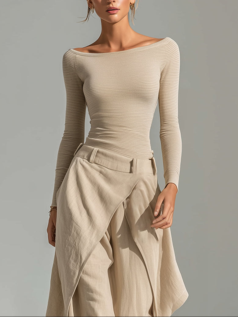 Beige boat-neck top and layered wide-leg pants