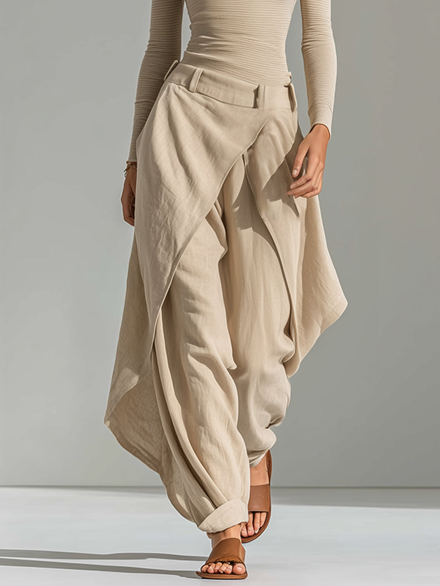 Beige boat-neck top and layered wide-leg pants