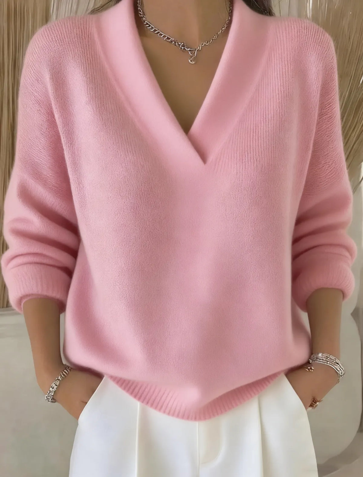 Casual solid-color cotton V-neck sweater for women, hip-length