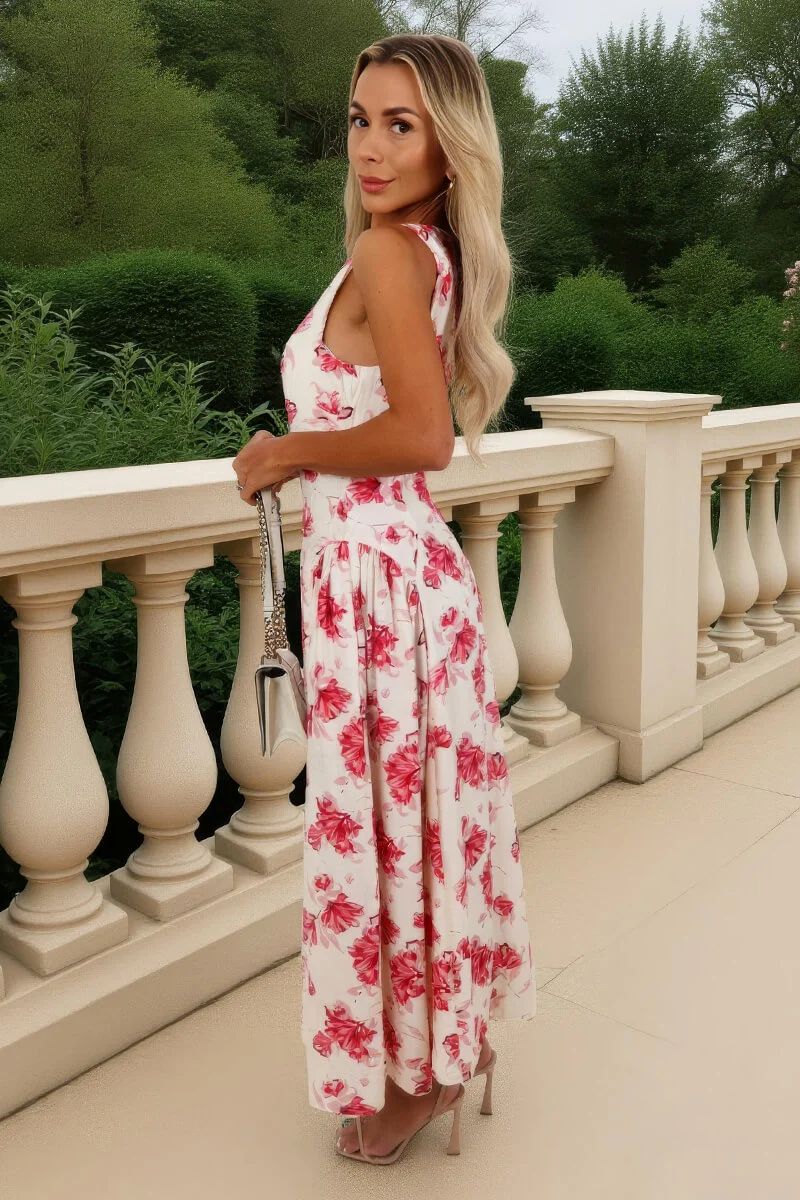 Floral Print Pleated Hip Midi Dress
