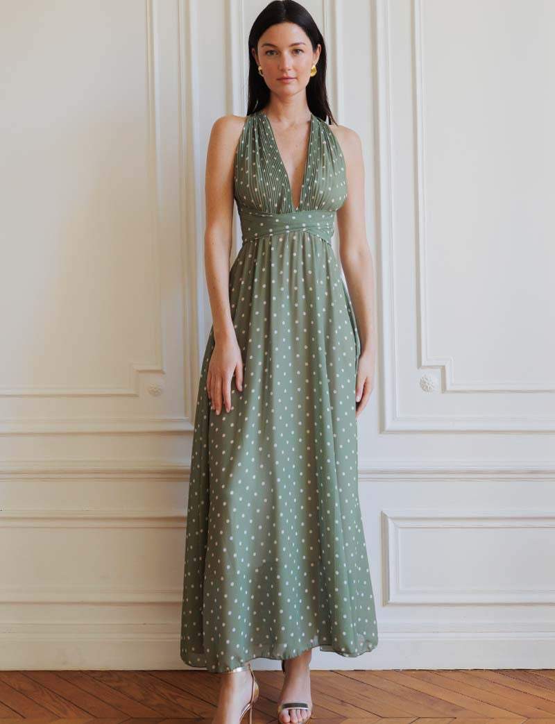 Orlina olive-green polka-dot dress
