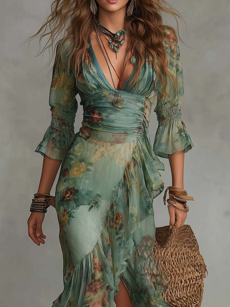Aurora - a long, floral boho dress with a romantic asymmetrical hem