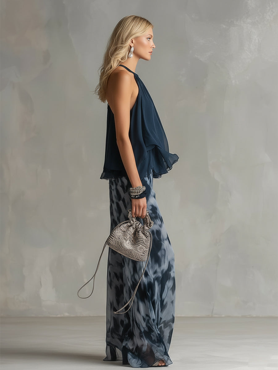 Ludovica - an elegant chiffon outfit featuring a high-neck top and wide-leg printed pants