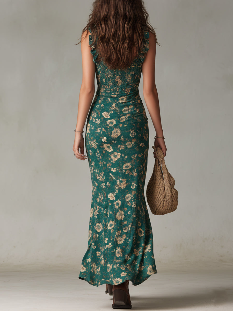 Zara | Retro boho maxi dress with gathered sleeves and a high slit