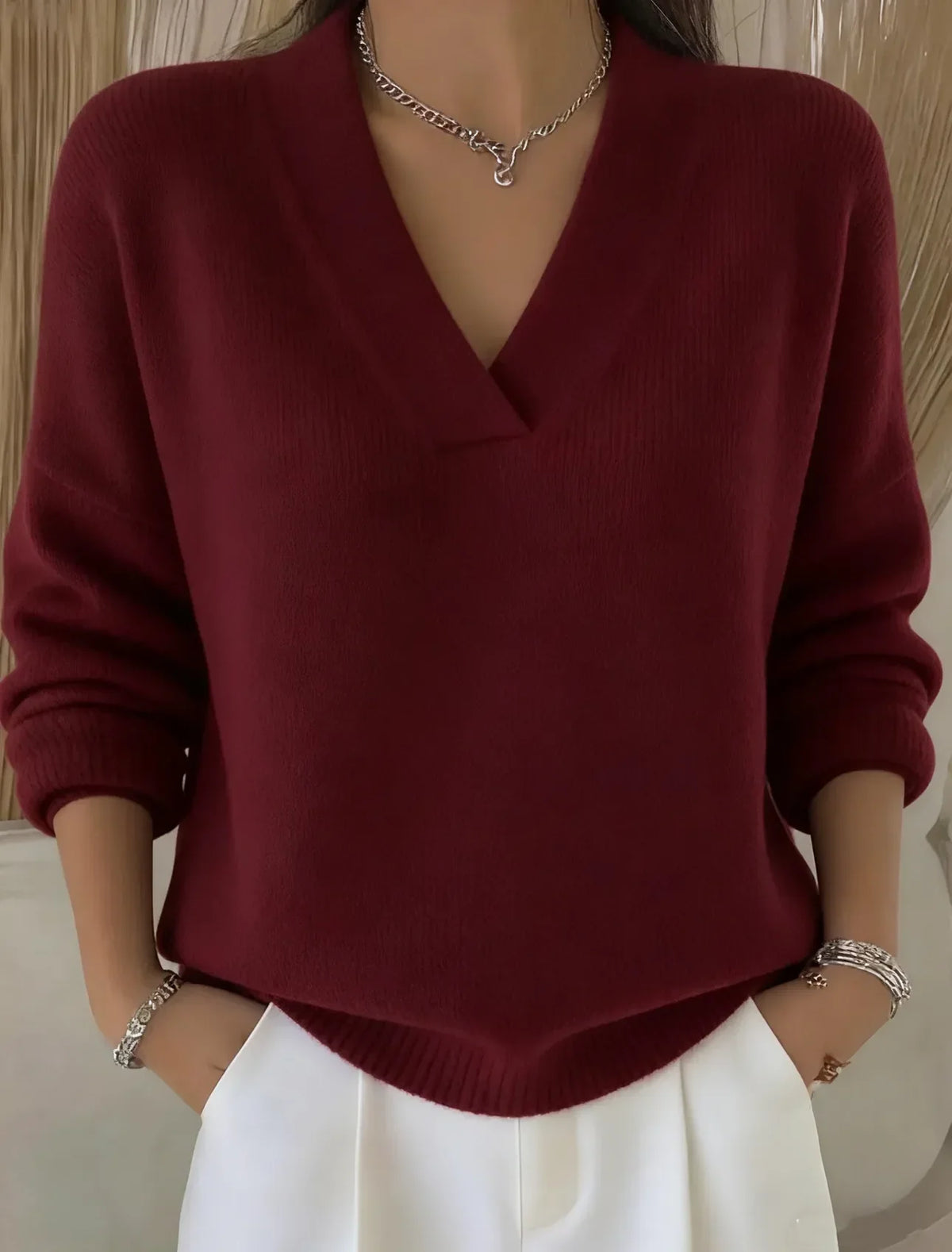 Casual solid-color cotton V-neck sweater for women, hip-length
