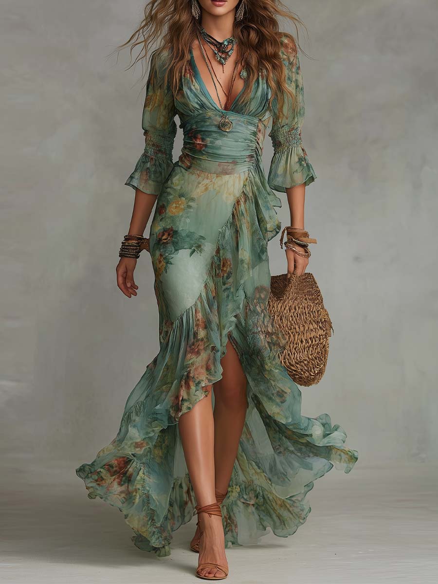 Aurora - a long, floral boho dress with a romantic asymmetrical hem