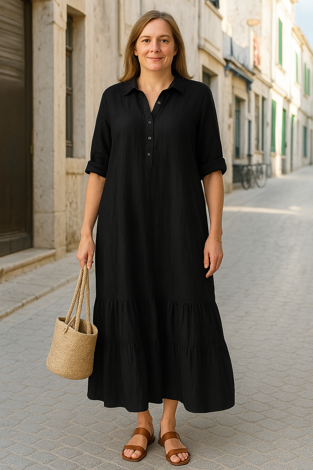 Half Button Tummy Covering Dress | NEW YORK