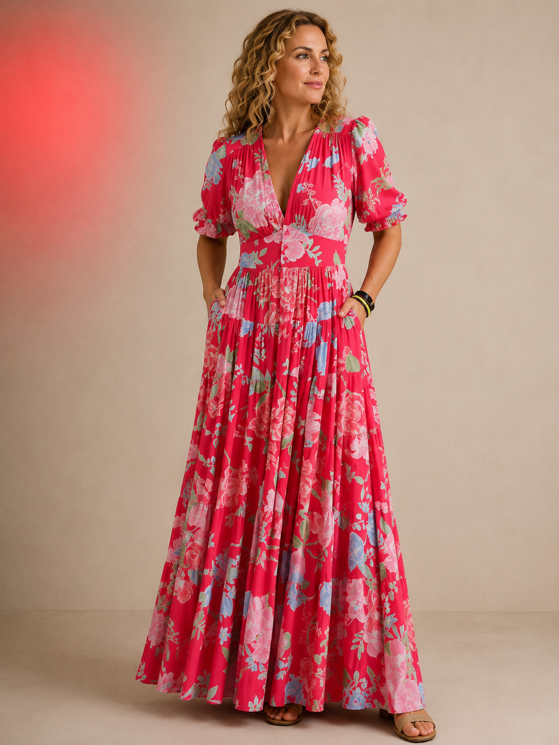 Catrisa™ - Floral Print V-neck Pocket Dress