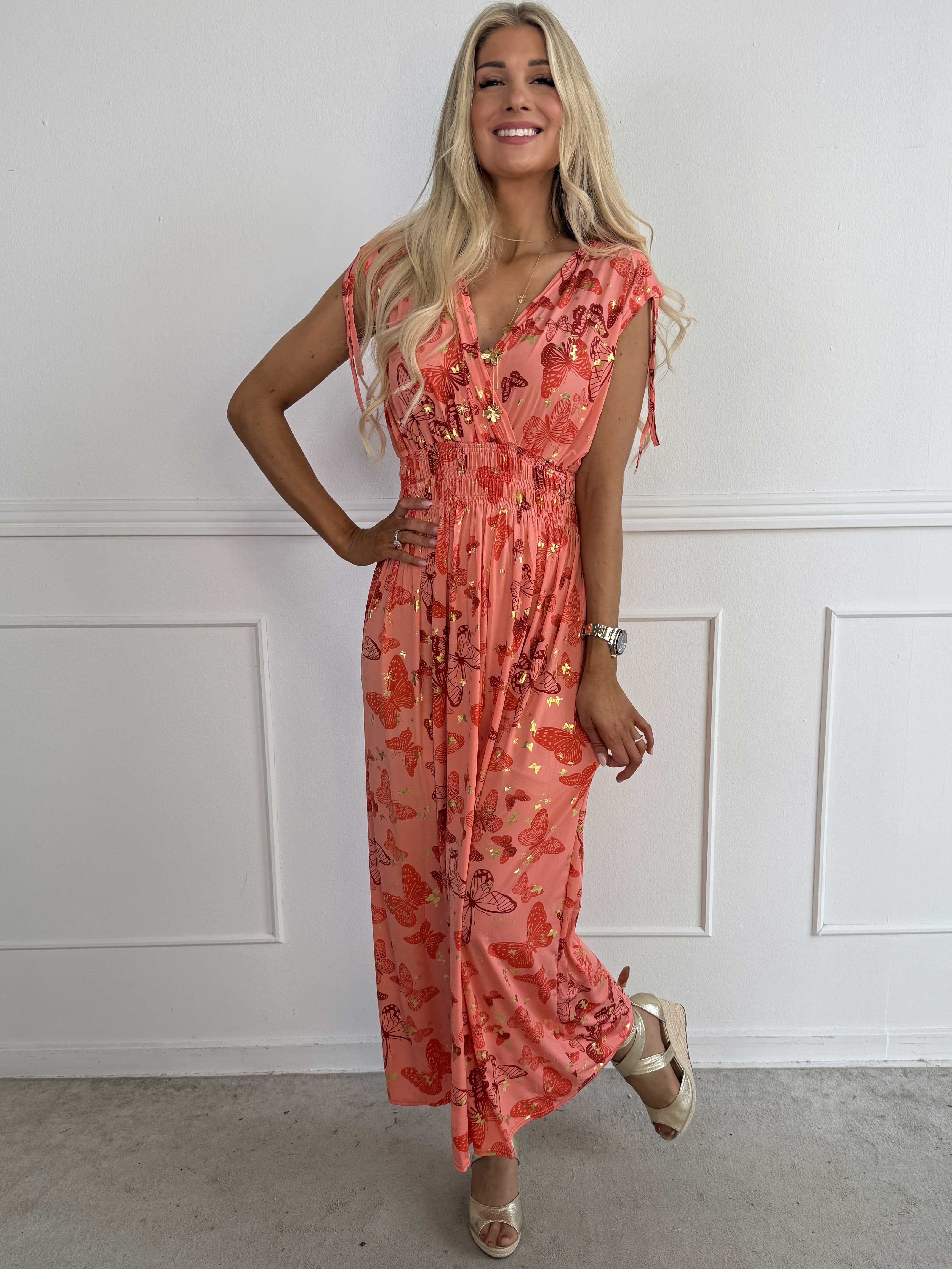 Pams Butterfly Sleeveless - A long, stretchy dress with a butterfly print and gold details