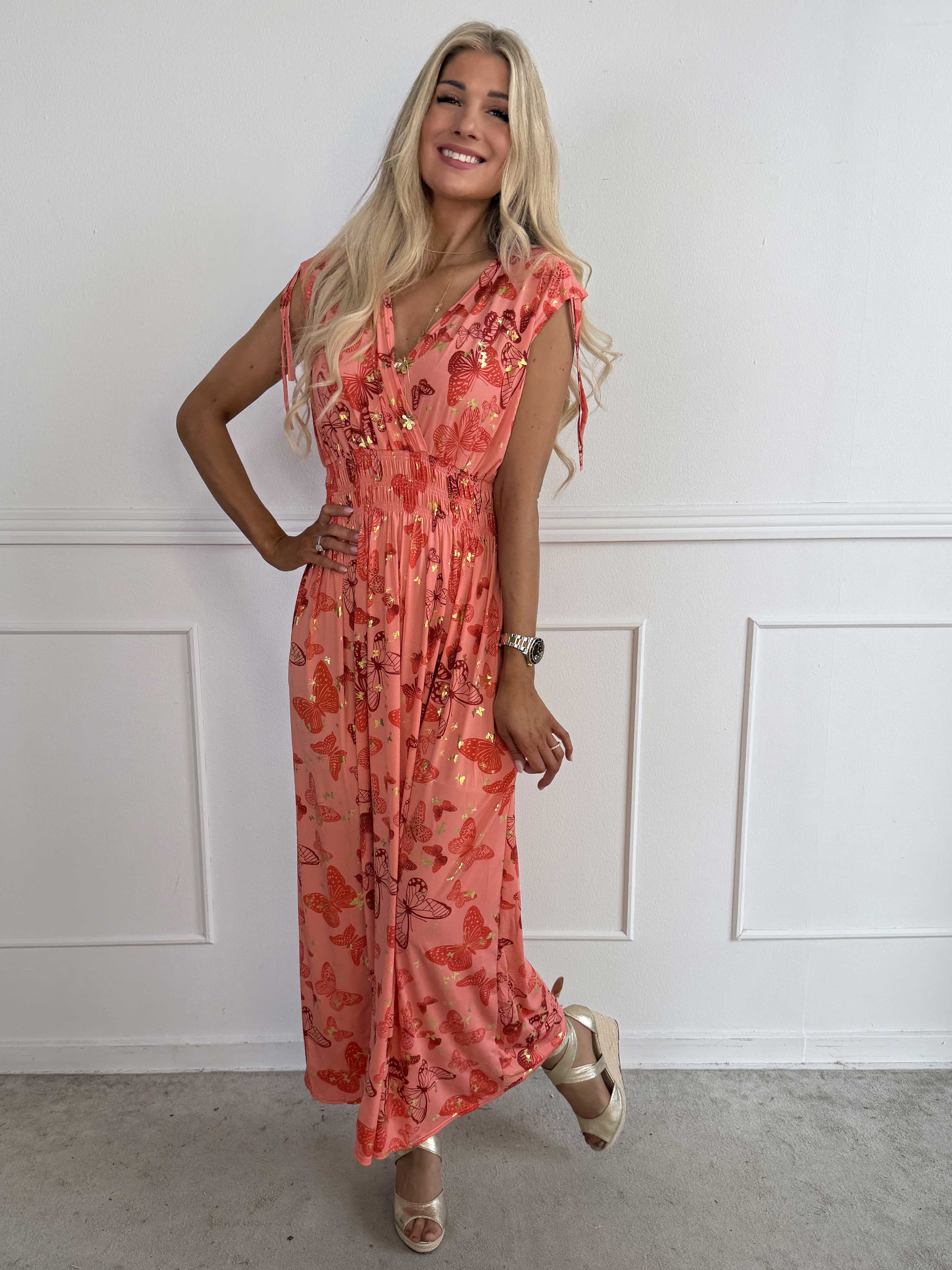 Pams Butterfly Sleeveless - A long, stretchy dress with a butterfly print and gold details