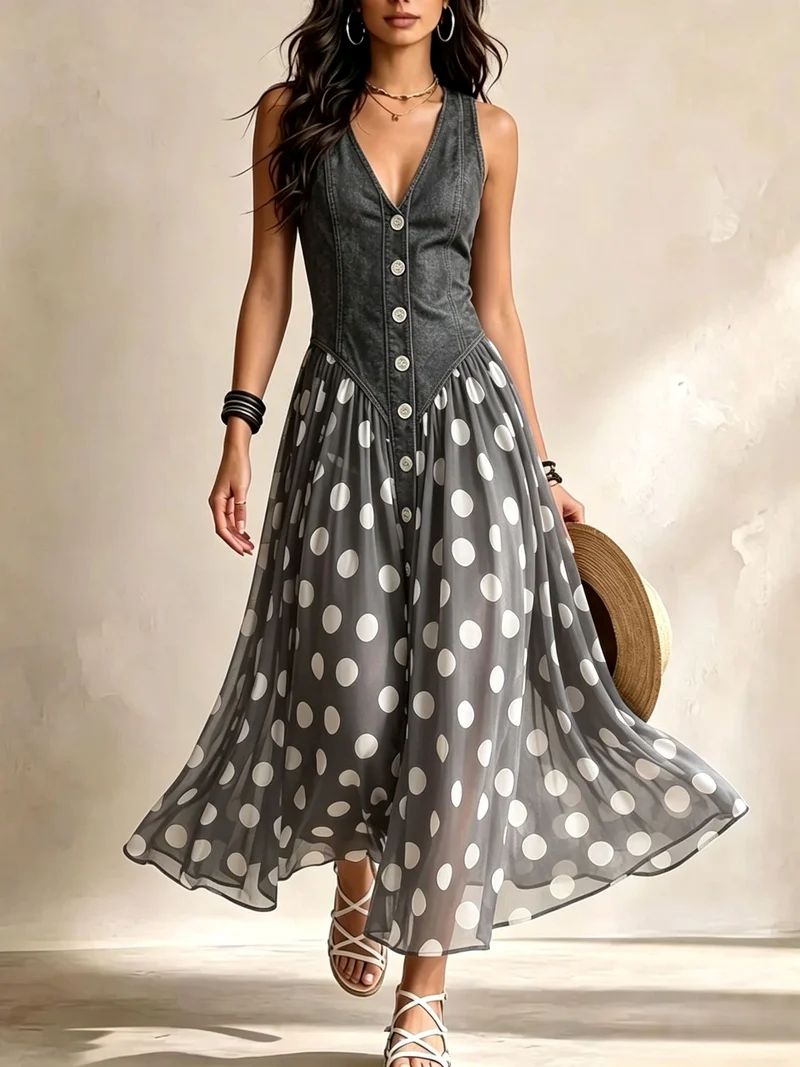 Adeline™ | Polka Dot Denim Maxi Dress
