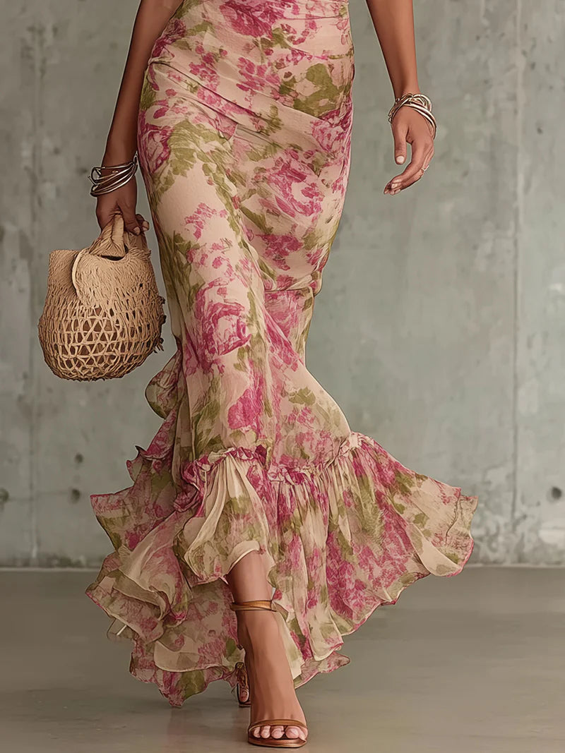 Fiora | Long dress with a vintage rose print and puff sleeves