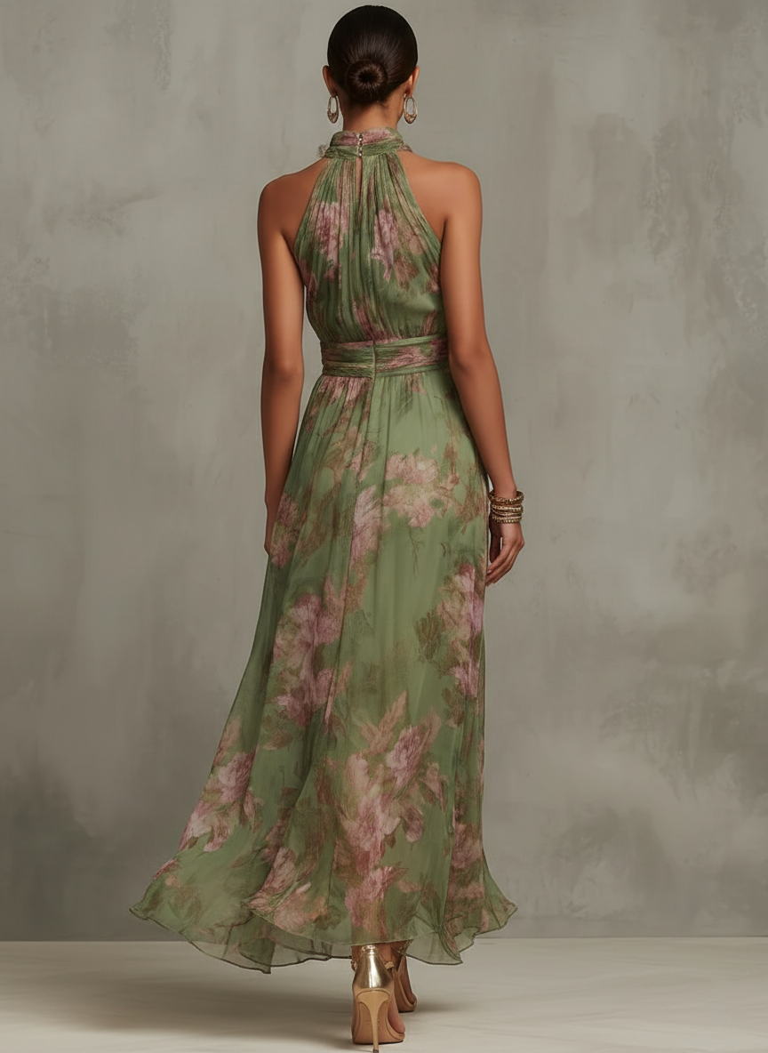 Serena ∙ Long green floral chiffon dress with a halter neckline