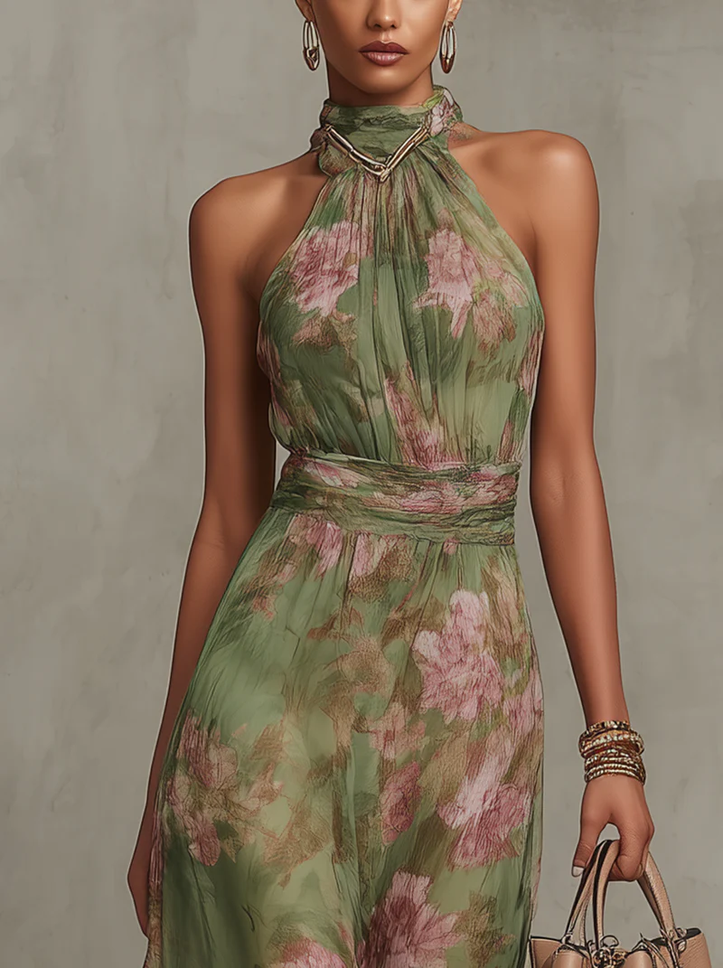 Serena ∙ Long green floral chiffon dress with a halter neckline