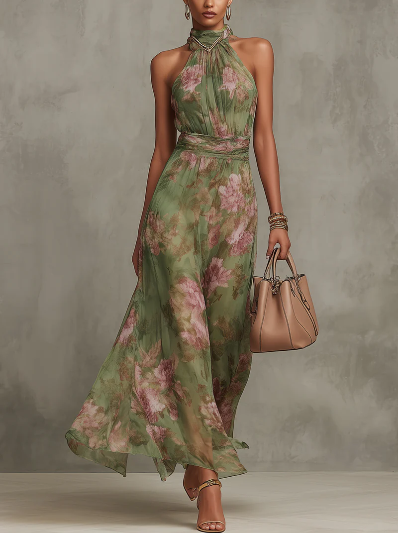 Serena ∙ Long green floral chiffon dress with a halter neckline