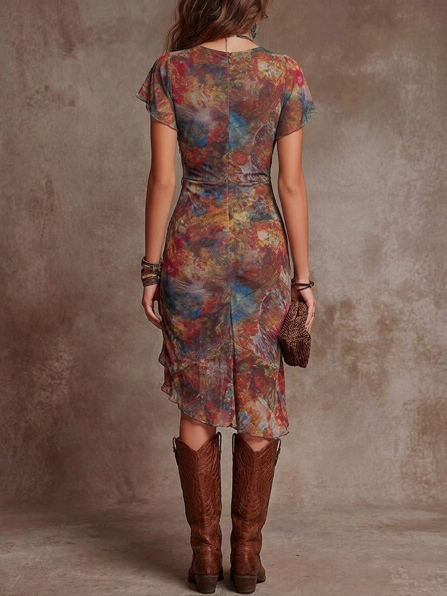 Martina · Pleated midi dress with a V-neck, featuring an abstract bohemian-style print