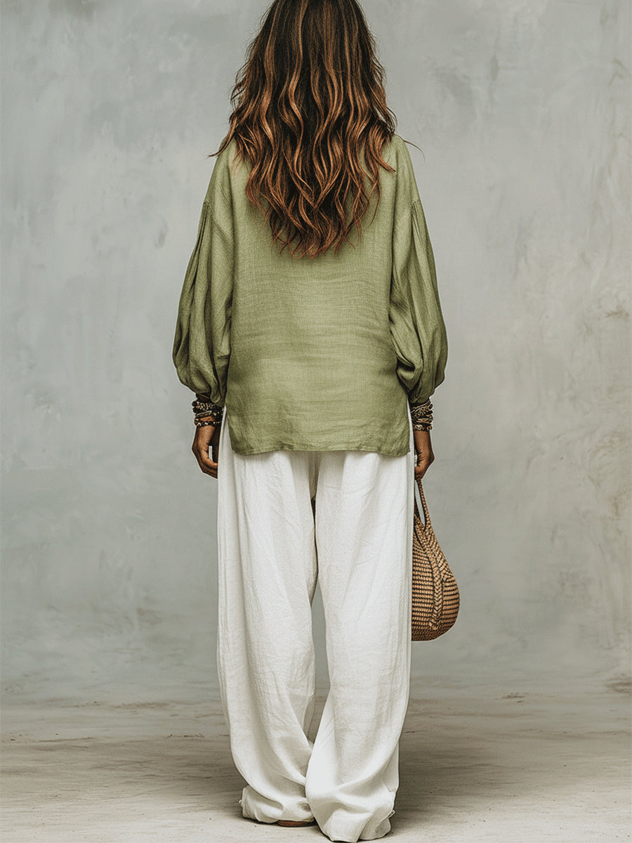 Green Lantern Sleeve Shirt And Loose White Wide-leg Pants Suit