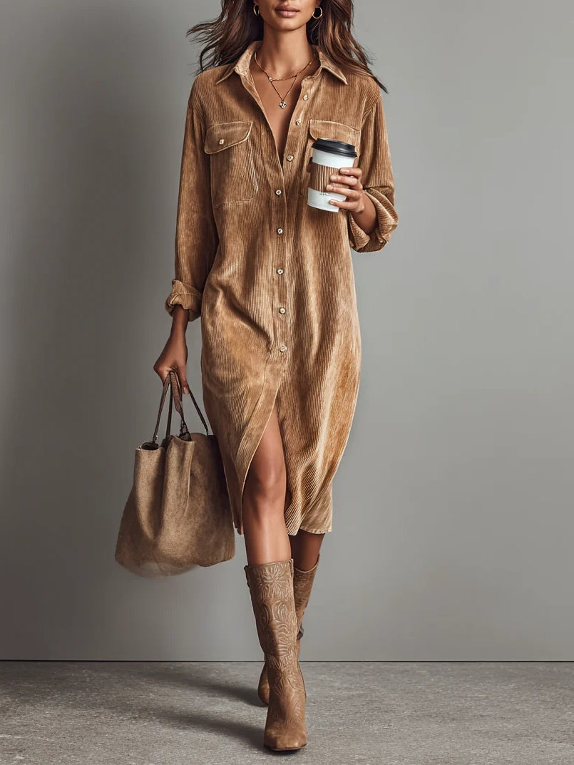 Arial Midi Dress with Double-Breasted Pockets and a Single Button