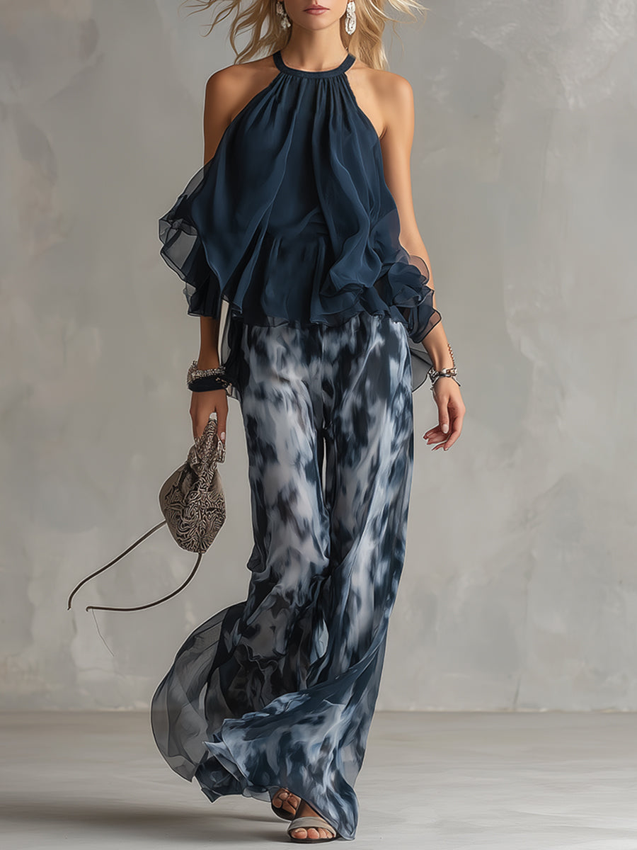 Ludovica - an elegant chiffon outfit featuring a high-neck top and wide-leg printed pants