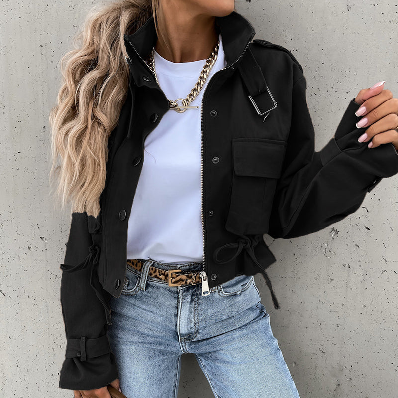 Stand-Collar Snap-Button Drawstring Pocket Jacket