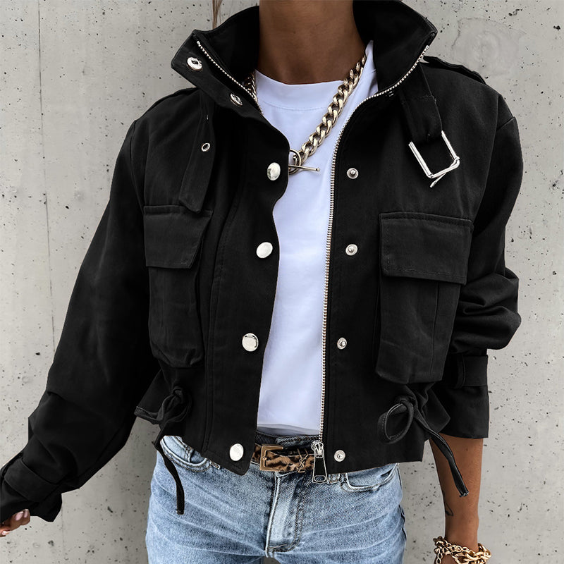 Stand-Collar Snap-Button Drawstring Pocket Jacket