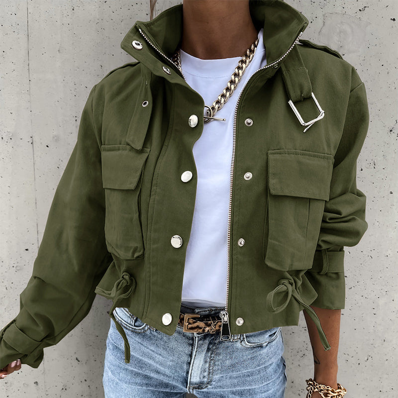 Stand-Collar Snap-Button Drawstring Pocket Jacket