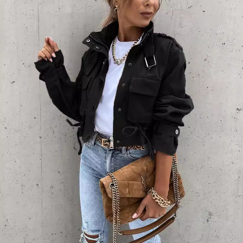 Stand-Collar Snap-Button Drawstring Pocket Jacket