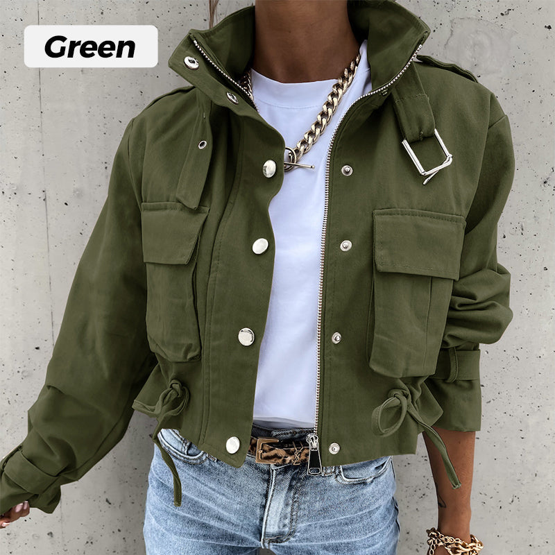 Stand-Collar Snap-Button Drawstring Pocket Jacket