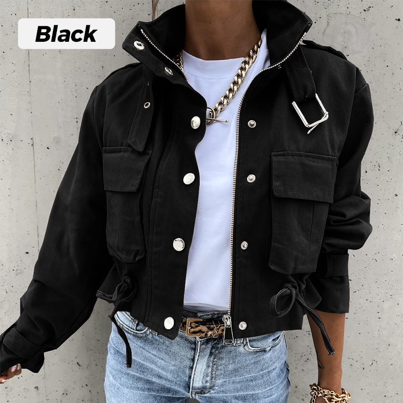 Stand-Collar Snap-Button Drawstring Pocket Jacket