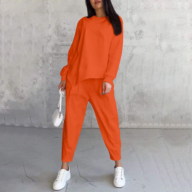 Women's Long-Sleeve Sweatshirt and Pants Set with Asymmetrical Hem