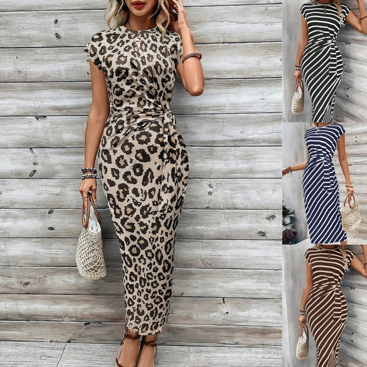 Women's Knot Bodycon Dress – Leopard print, tummy-flattering knot