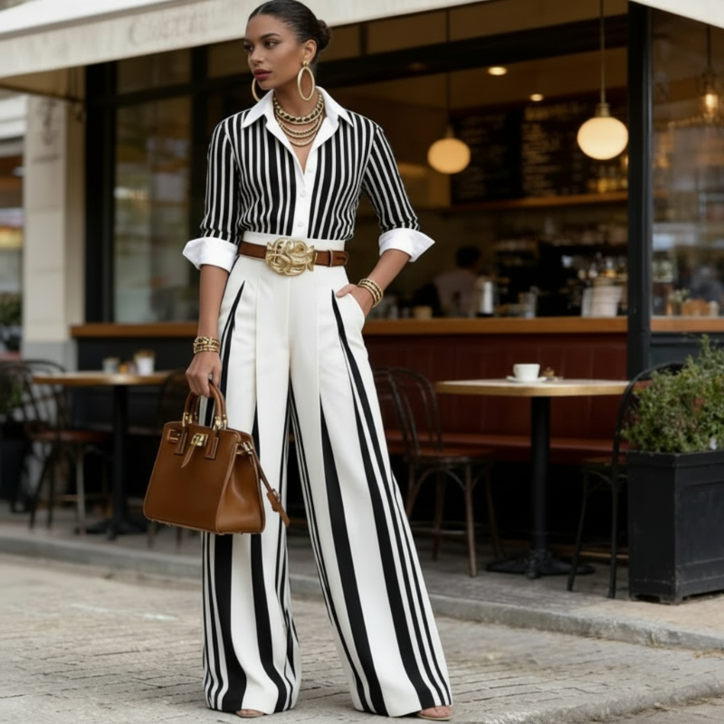 Women's 2-piece set: striped shirt and wide-leg pants