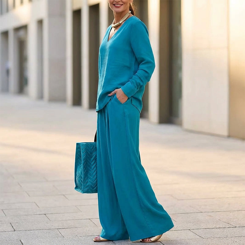 V-Neck Lounge Set with Wide-Leg Pants