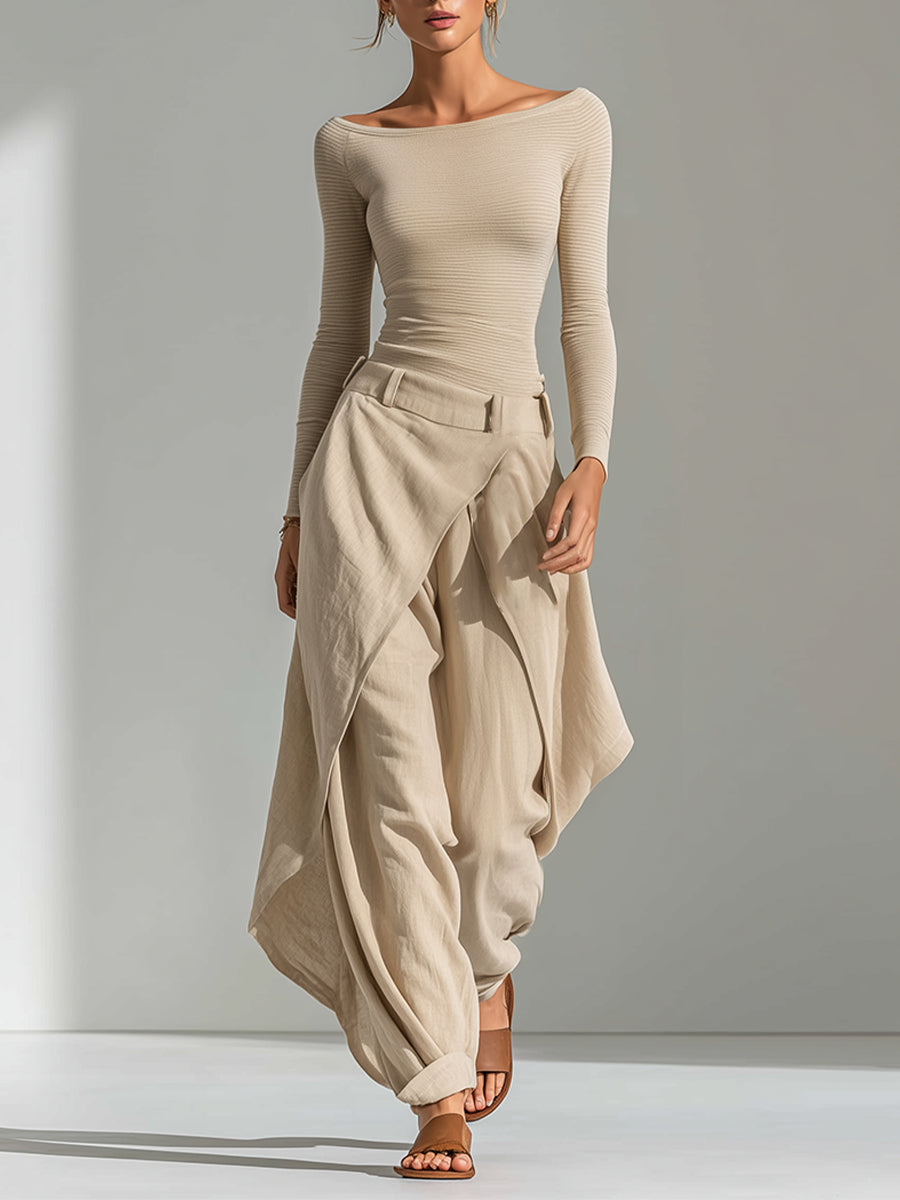 Beige boat-neck top and layered wide-leg pants