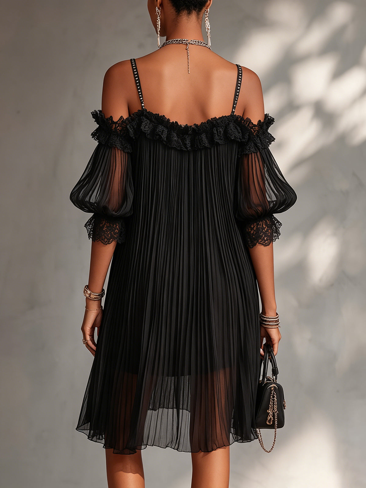 Vittoria | Black muslin mini dress with bare shoulders and lace trim