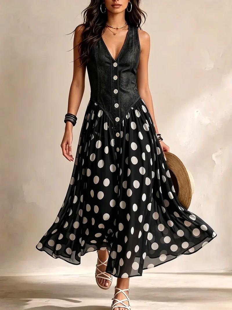 Adeline™ | Polka Dot Denim Maxi Dress
