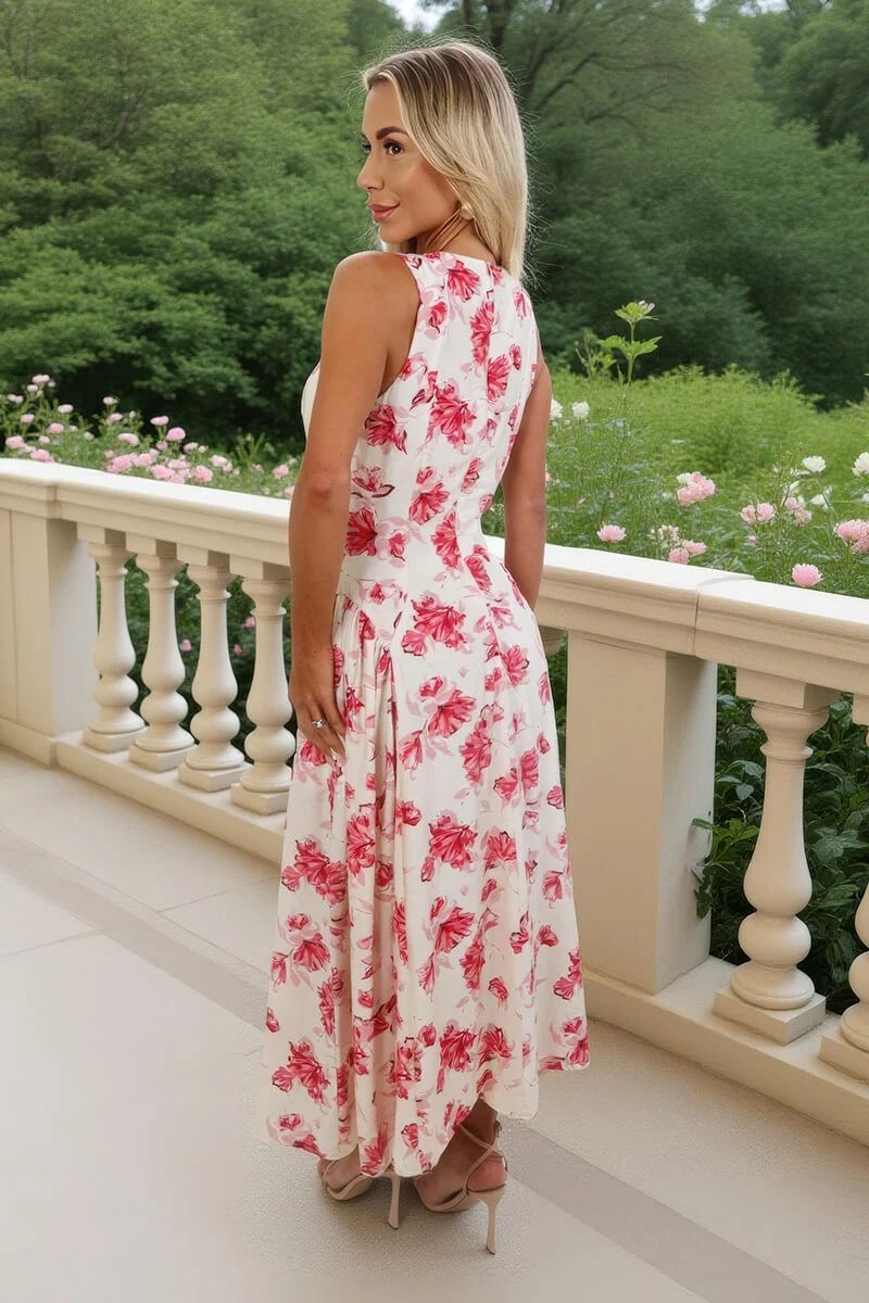 Floral Print Pleated Hip Midi Dress