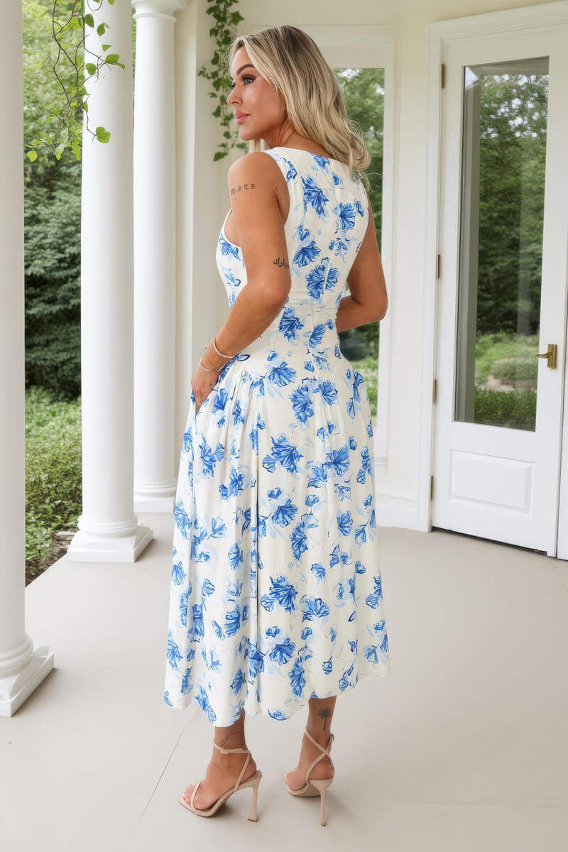 Floral Print Pleated Hip Midi Dress