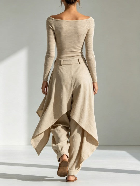 Beige boat-neck top and layered wide-leg pants