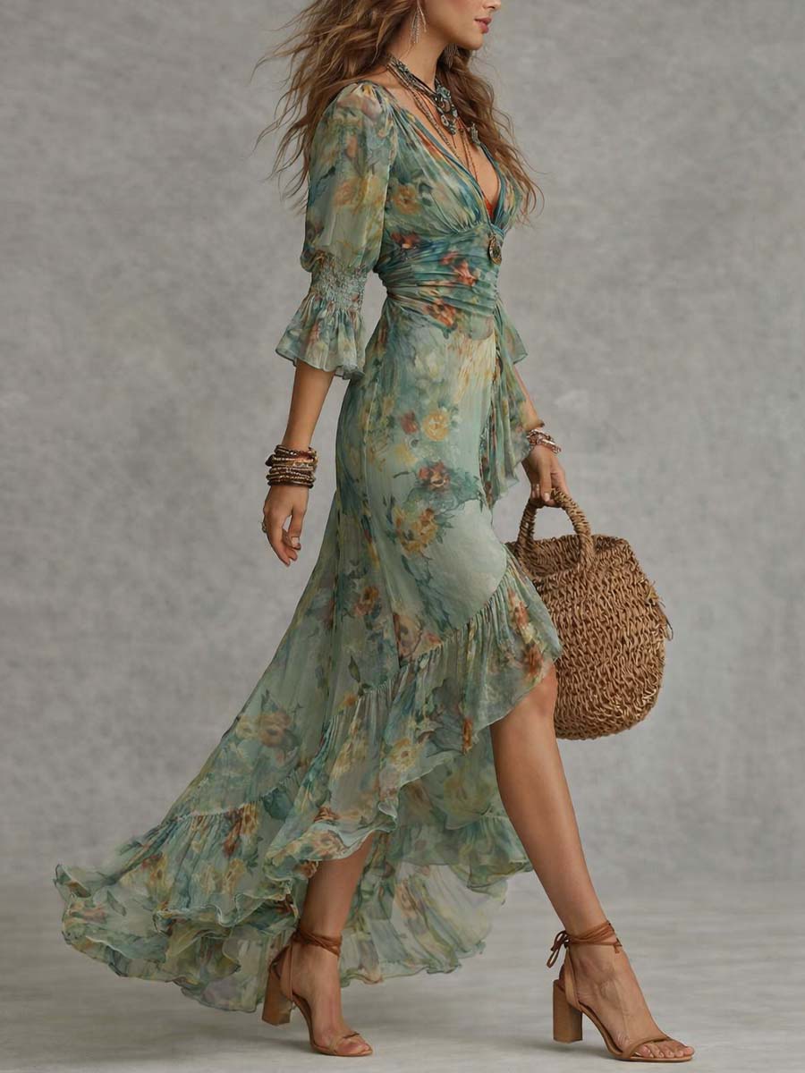 Aurora - a long, floral boho dress with a romantic asymmetrical hem