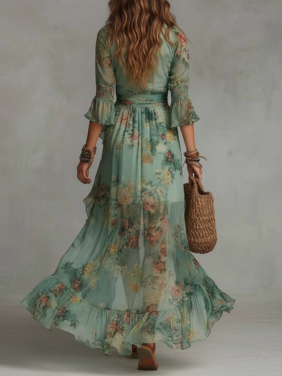 Aurora - a long, floral boho dress with a romantic asymmetrical hem