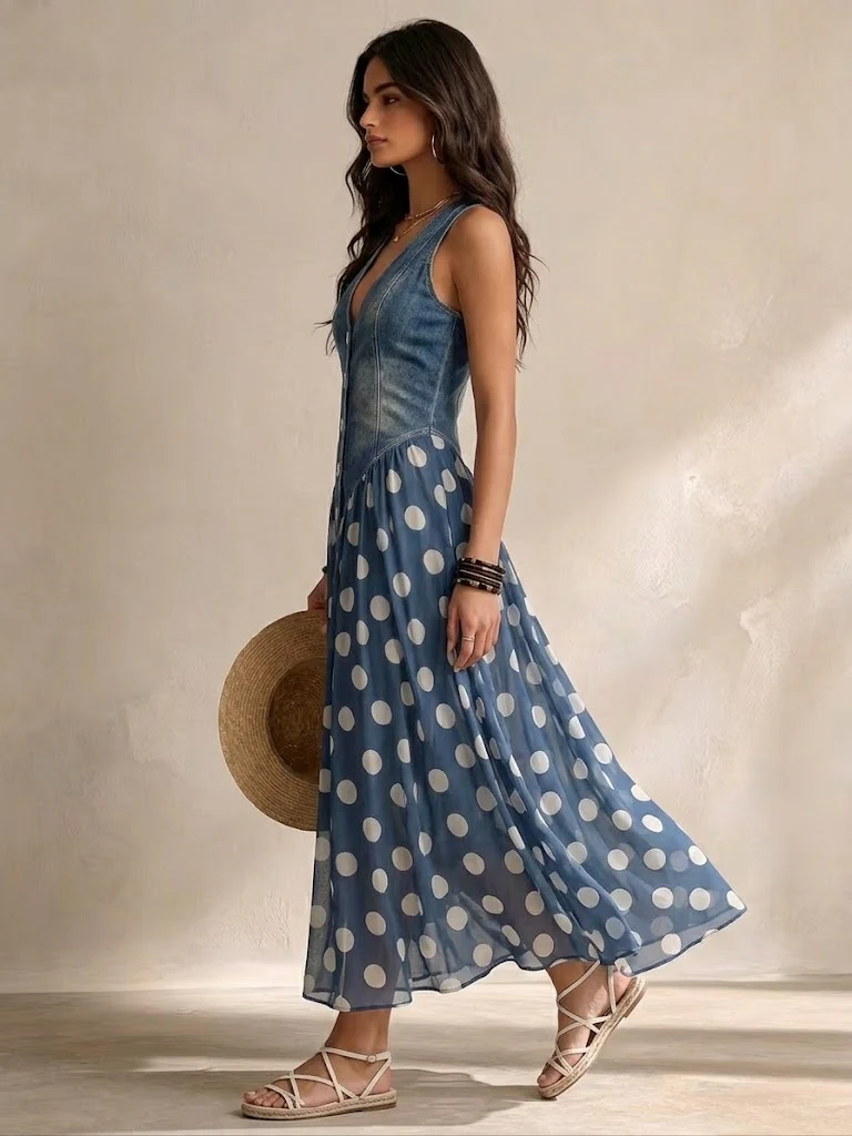 Adeline™ | Polka Dot Denim Maxi Dress