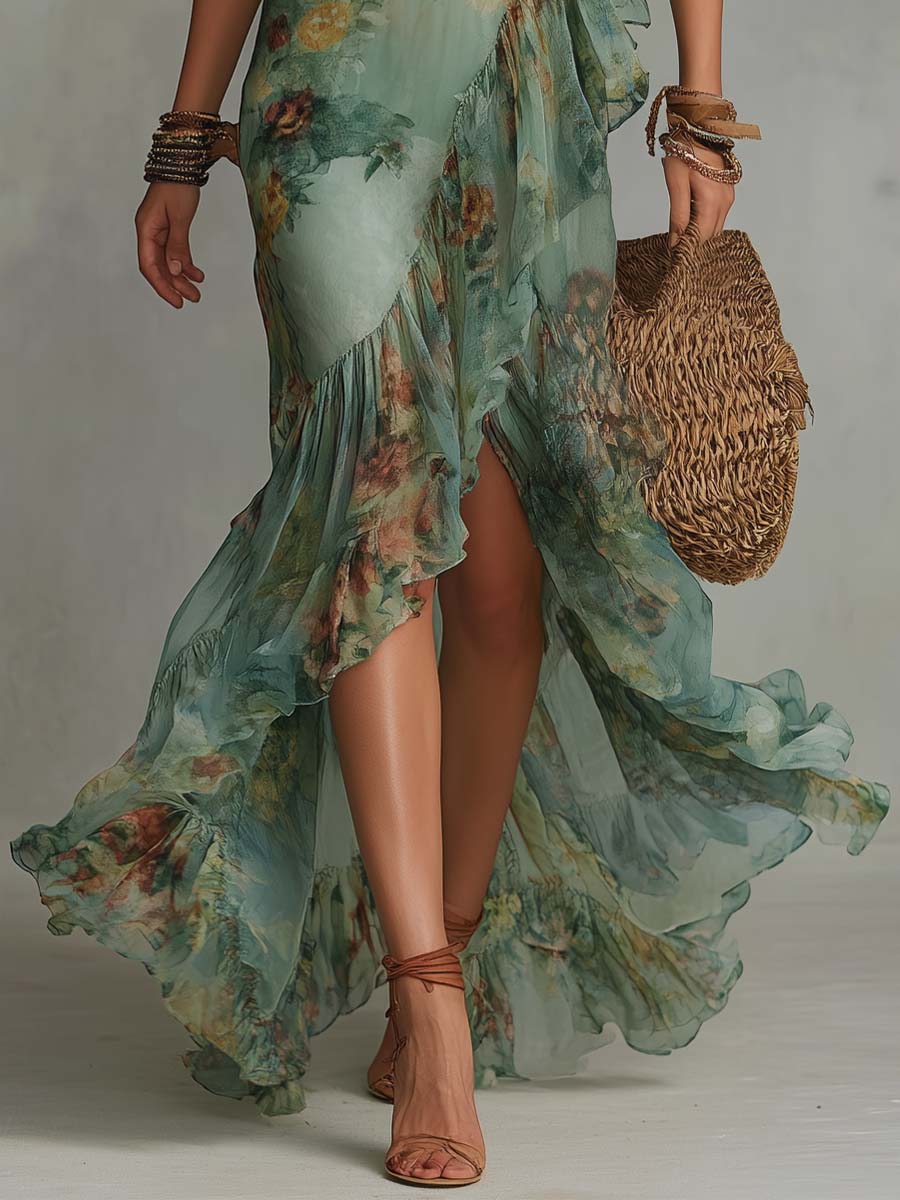 Aurora - a long, floral boho dress with a romantic asymmetrical hem