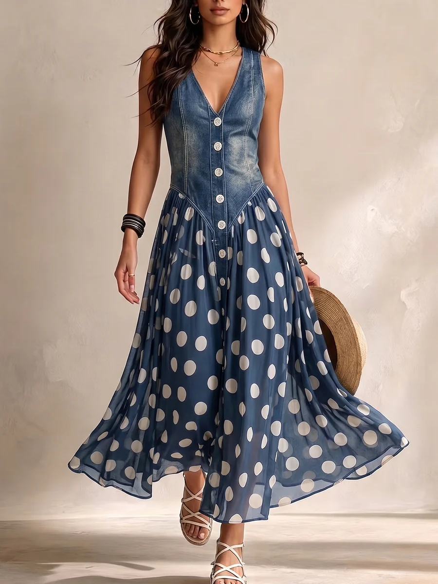 Adeline™ | Polka Dot Denim Maxi Dress