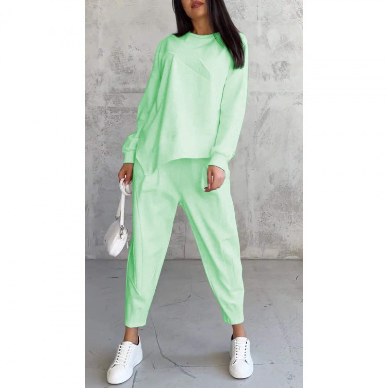 Women's Long-Sleeve Sweatshirt and Pants Set with Asymmetrical Hem
