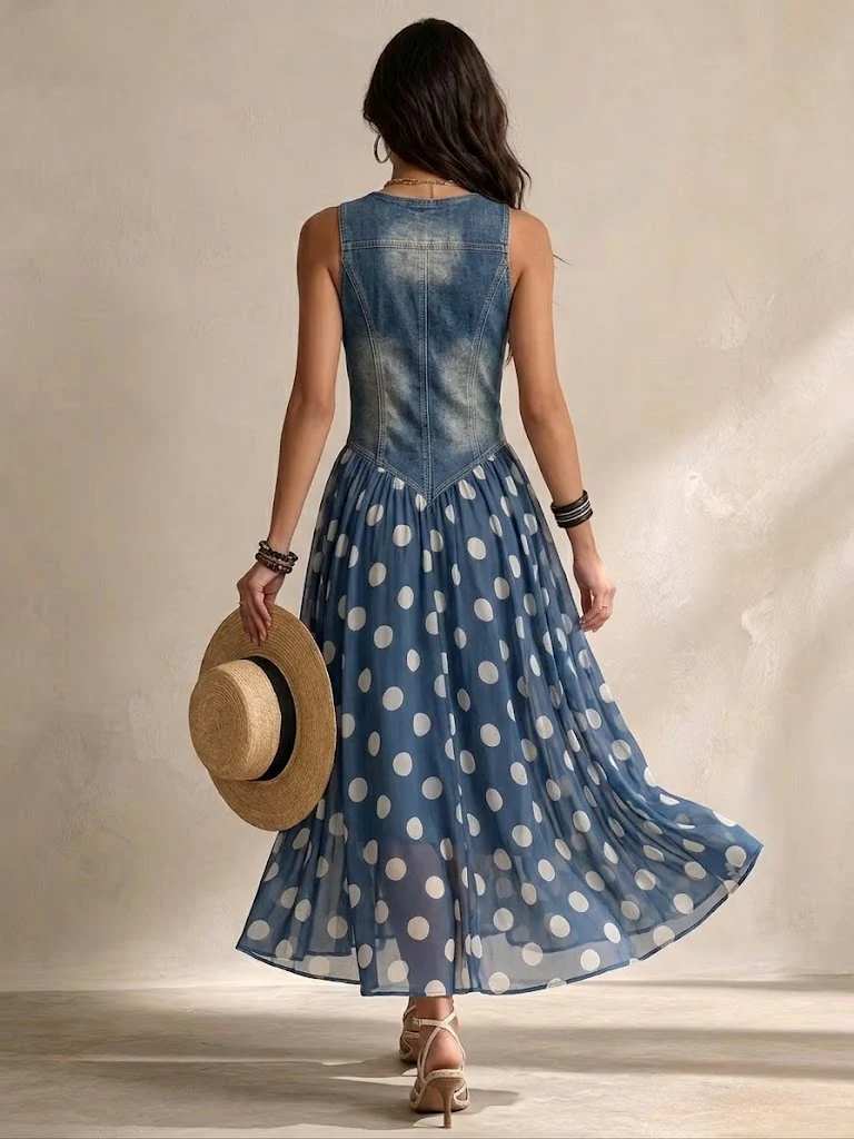 Adeline™ | Polka Dot Denim Maxi Dress
