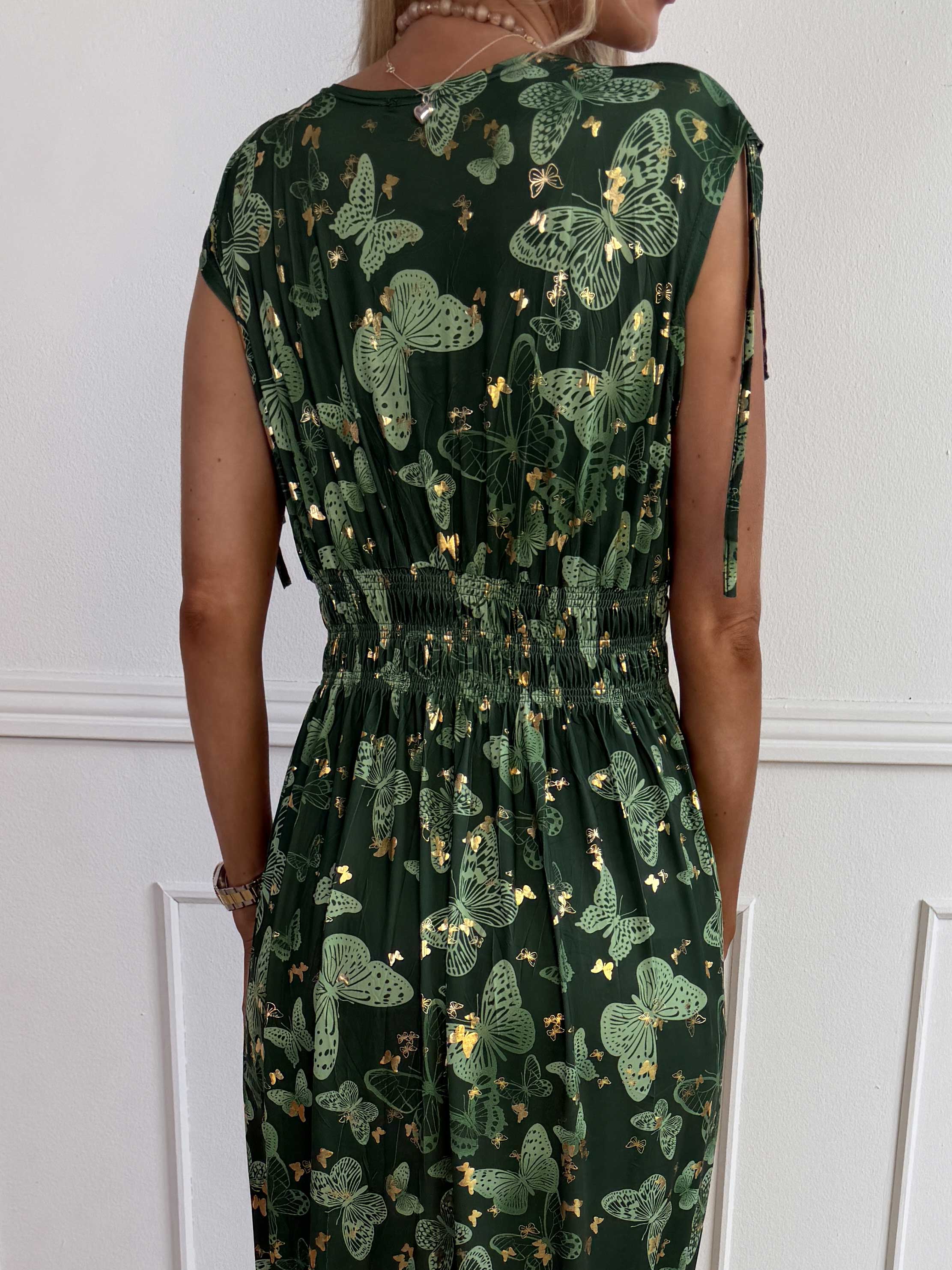 Pams Butterfly Sleeveless - A long, stretchy dress with a butterfly print and gold details