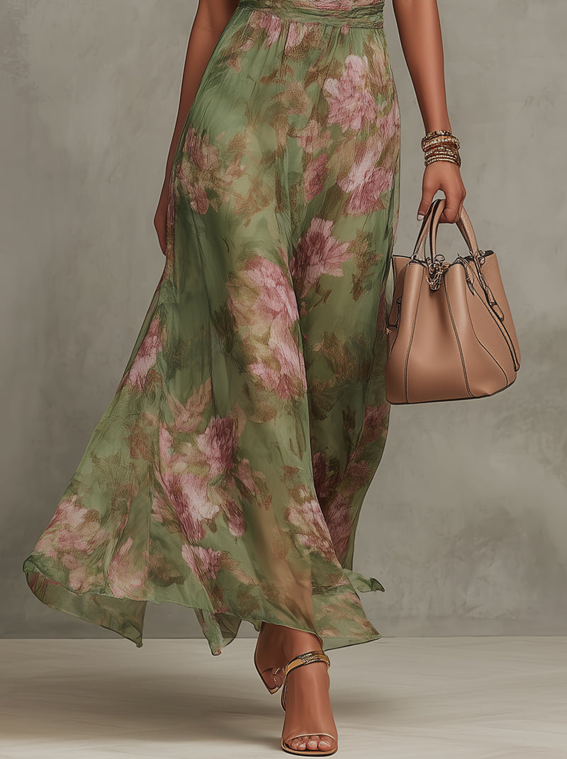 Serena ∙ Long green floral chiffon dress with a halter neckline