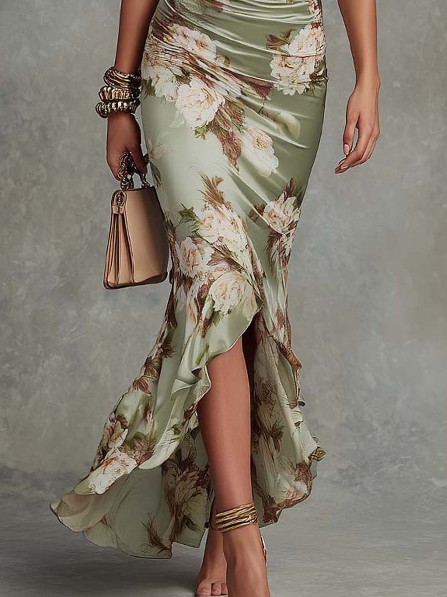 Anna - Long asymmetrical green satin dress with a V-neck, gathered bell sleeves, and a floral pattern